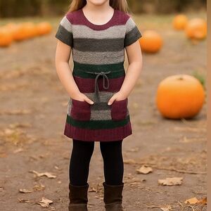 Grane Girls M 7/8 Striped Sweater Dress Plum Green Gray Knit Fall Pockets